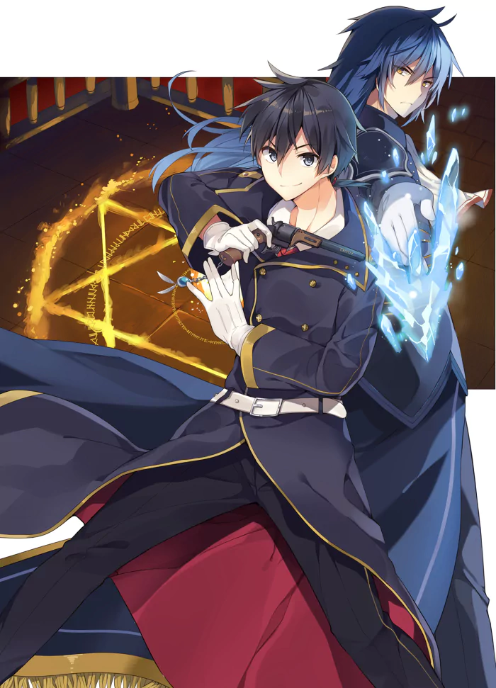 Anime-style artwork featuring Albert Frazer and Glenn Radars from Rokudenashi Majutsu Koushi to Akashic Records, both in dark uniforms casting magical spells.