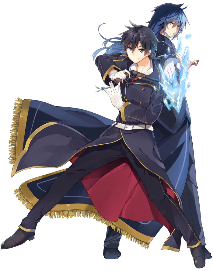Anime illustration of Glenn Radars and Albert Frazer from Rokudenashi Majutsu Koushi to Akashic Records, back-to-back in dark uniforms, Glenn wielding blue magic.
