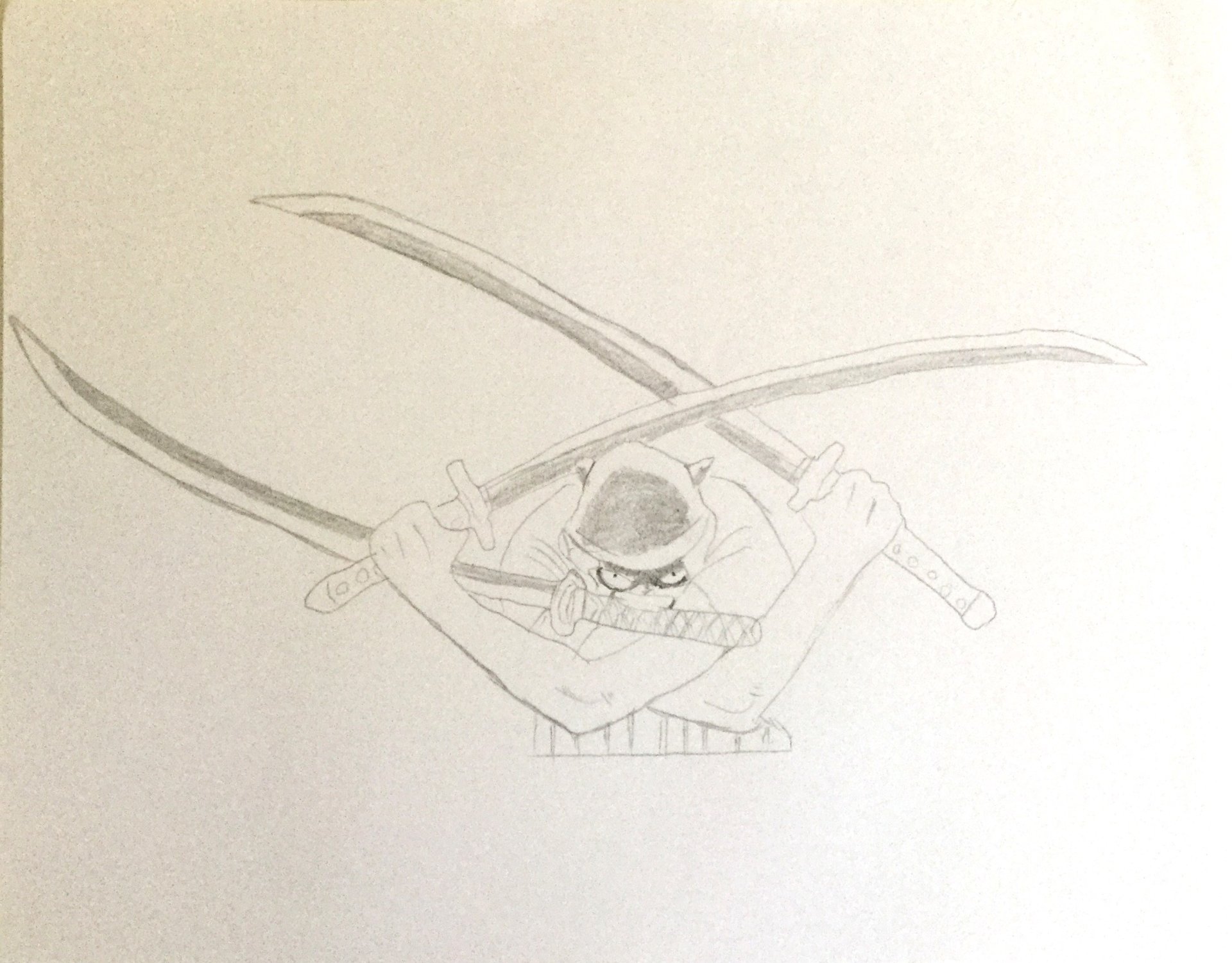 Pencil sketch of Roronoa Zoro from One Piece, wielding two swords crossed above his head in a dynamic pose.