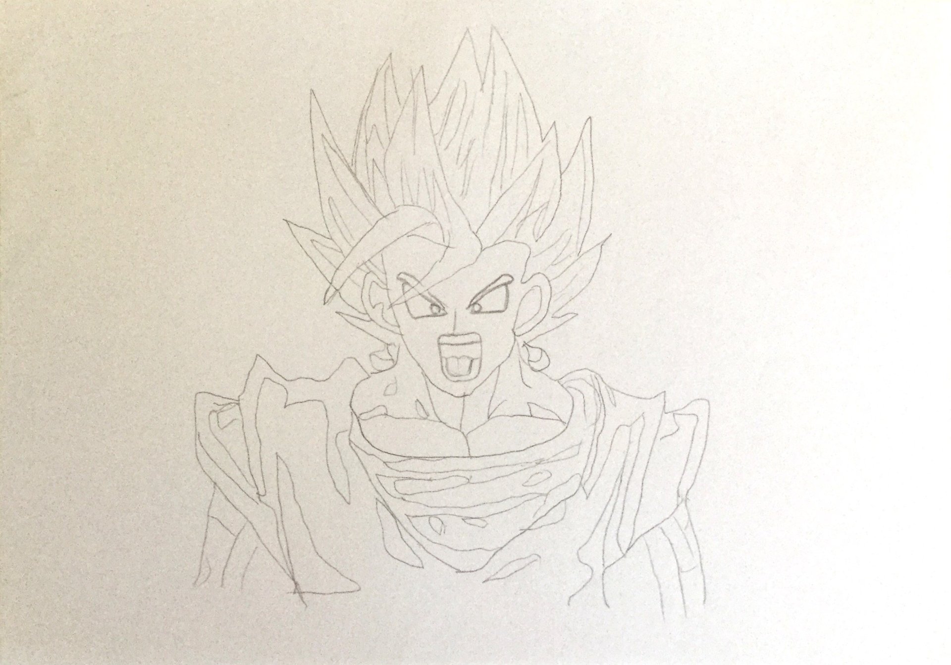 Pencil sketch of Vegito from Dragon Ball Z, showcasing his iconic spiky hair and intense expression in classic anime style.