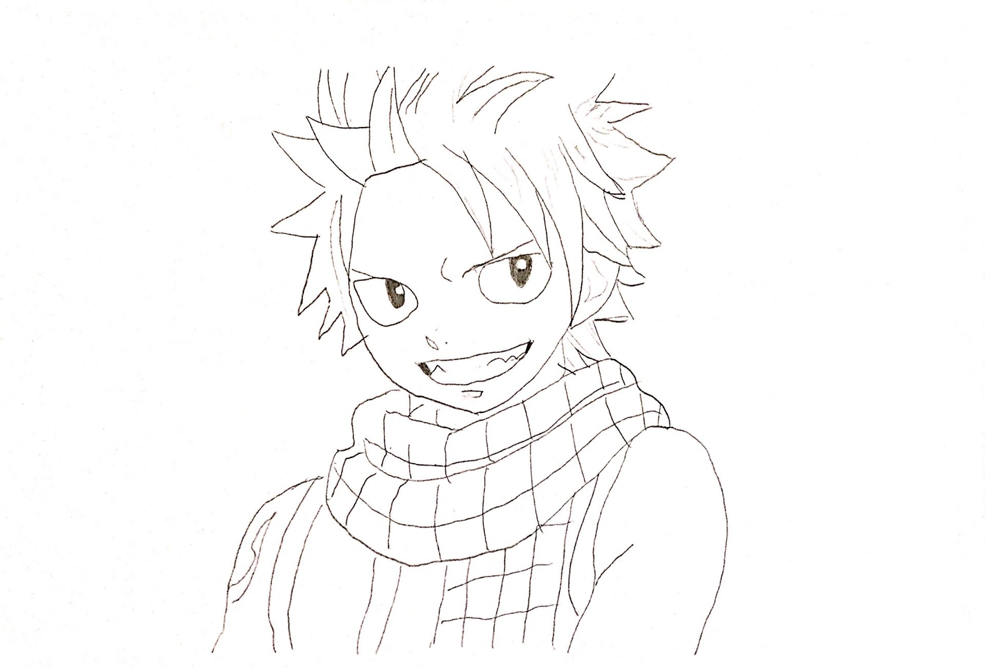 Pencil sketch of anime character Natsu Dragneel from Fairy Tail, grinning with spiky hair, sharp eyes, and his checkered scarf.