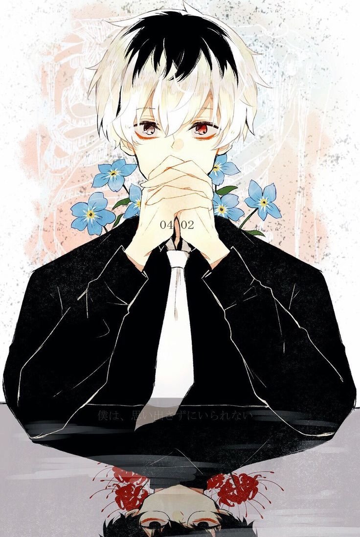 Art featuring Ken Kaneki, also known as Haise Sasaki, from the anime Tokyo Ghoul. He is depicted with white and black hair, holding his hands together, surrounded by blue flowers.