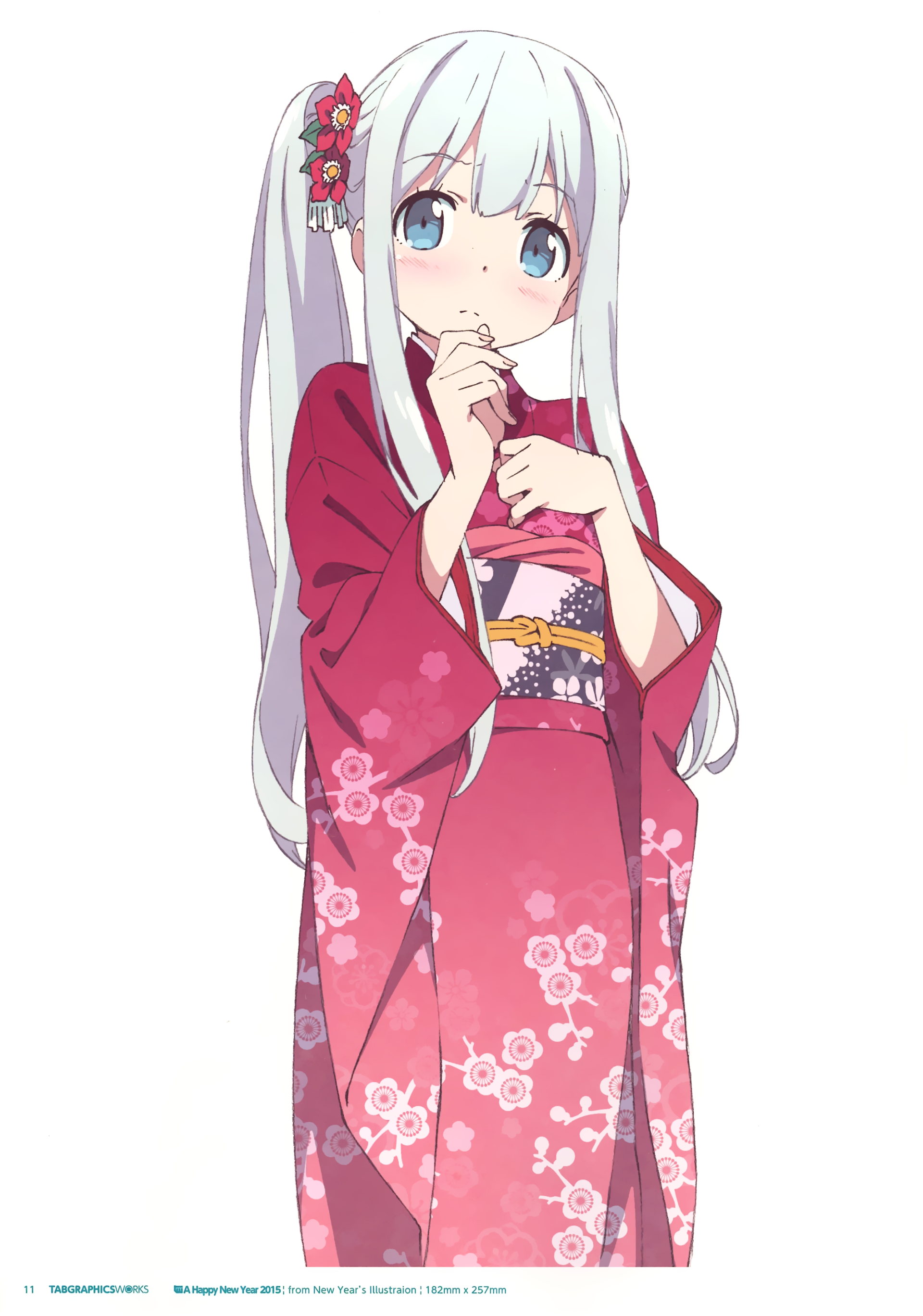 A young girl with long, light blue hair wears a pink floral kimono, looking shyly at the viewer. She is Sagiri Izumi, a character from the anime EroManga-Sensei.
