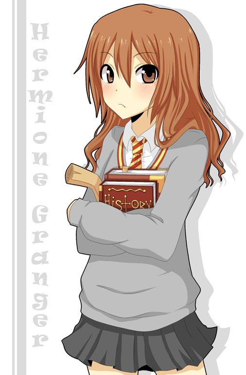 Anime-style illustration of Hermione Granger from the Harry Potter movie series, holding a history book and wearing her school uniform.