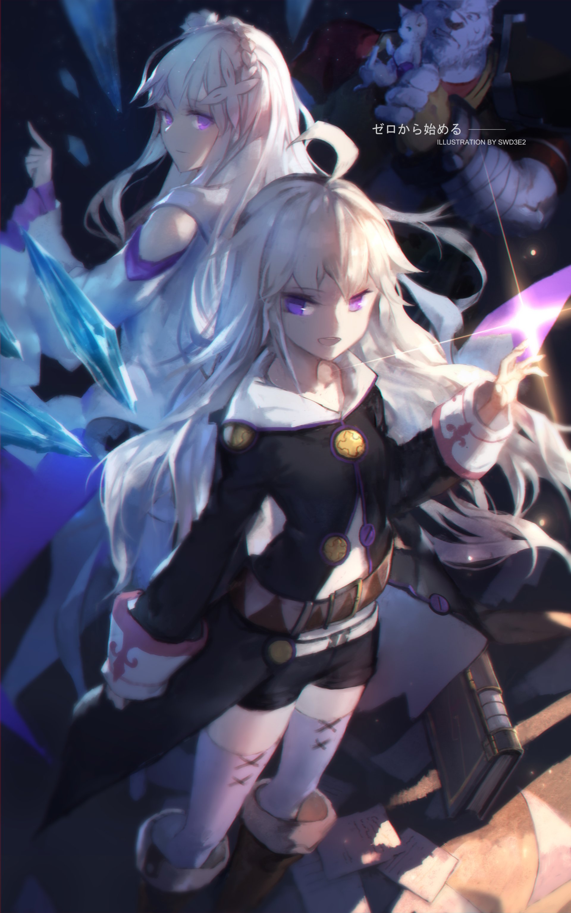 Crossover anime illustration featuring Zero and Mercenary from Grimoire of Zero alongside Emilia and Pack from Re:Zero - Starting Life in Another World, all showcasing magical powers.