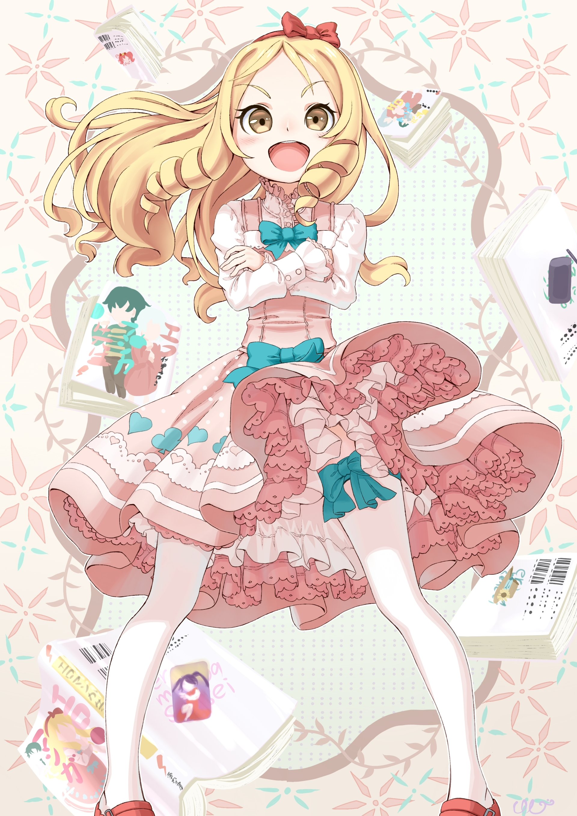 Elf Yamada from EroManga-Sensei: a cheerful blonde in a frilly pink dress with bows, smiling with arms crossed as manga pages scatter around her.