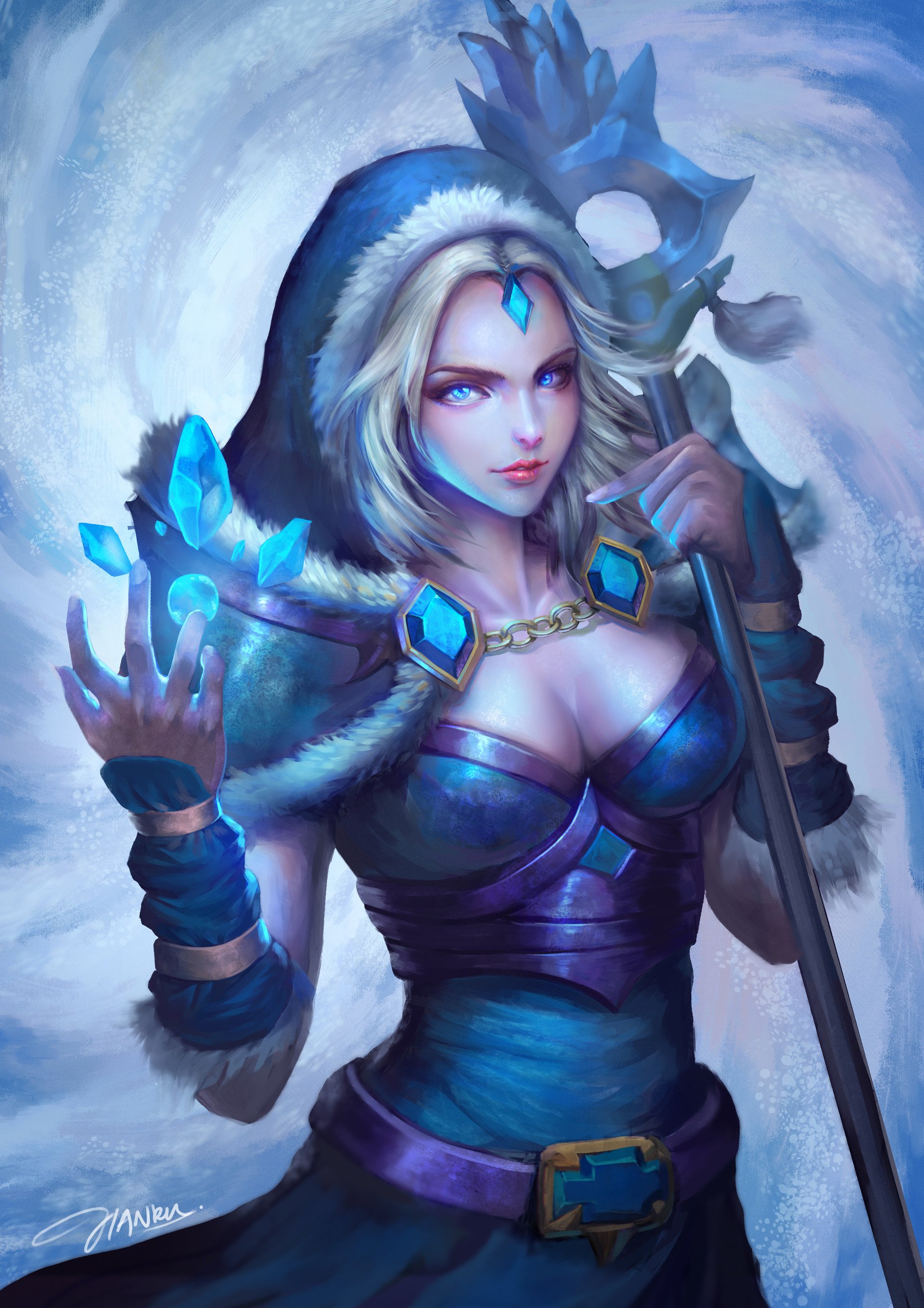 Crystal Maiden (Dota 2): blonde, blue-eyed mage in a fur-lined hood and blue armor, wielding an icy staff and summoning floating ice crystals amid a swirling frosty backdrop.