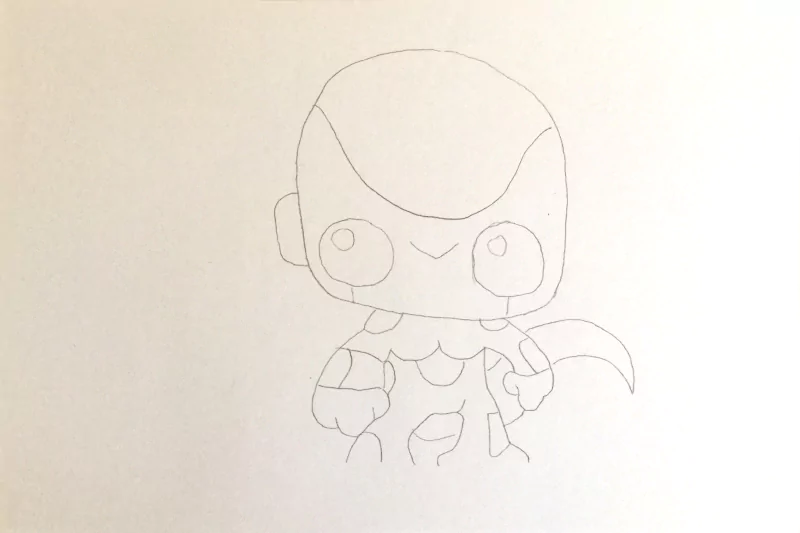 Pencil chibi sketch of Frieza from the Dragon Ball anime, with an oversized head, small body, visible tail and simple line-art facial and body details.