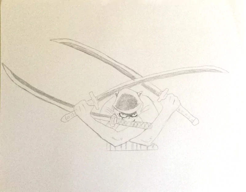 Pencil sketch of Roronoa Zoro from One Piece, wielding two swords crossed above his head in a dynamic pose.