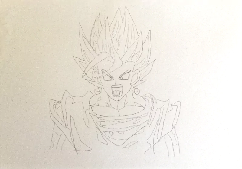 Pencil sketch of Vegito from Dragon Ball Z, showcasing his iconic spiky hair and intense expression in classic anime style.