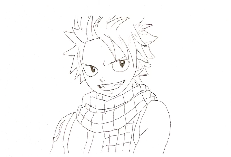 Pencil sketch of anime character Natsu Dragneel from Fairy Tail, grinning with spiky hair, sharp eyes, and his checkered scarf.