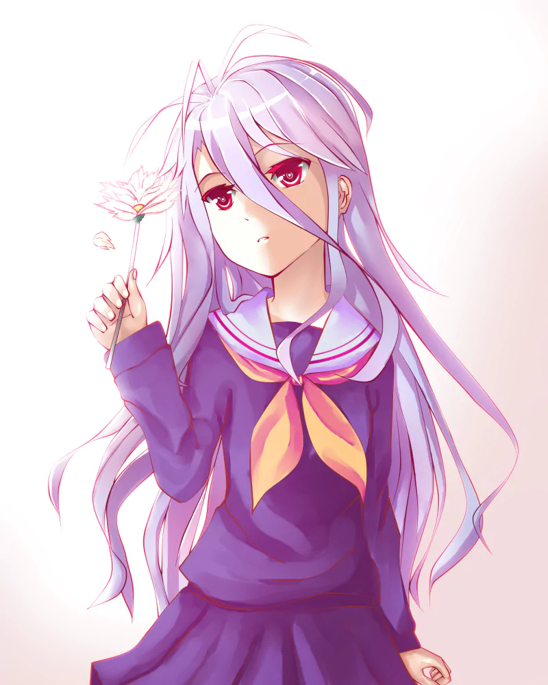 Shiro from the anime No Game No Life, holding a delicate flower with a calm expression, depicted in soft pastel tones.