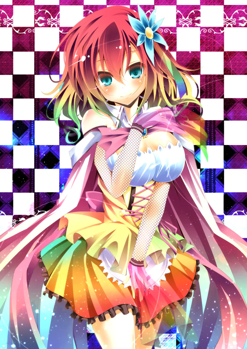 Colorful anime portrait of Stephanie Dola from No Game No Life, wearing a rainbow skirt, frilly top and cape, with a flower hairpin and a bold checkered background.