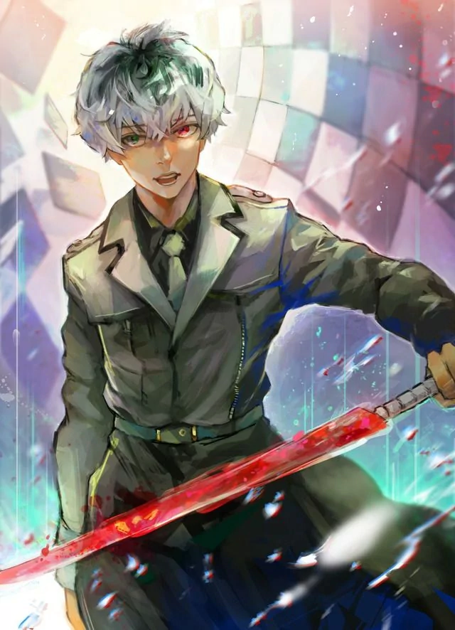 An illustration of Ken Kaneki, also known as Haise Sasaki, from the anime Tokyo Ghoul, wielding a red sword amidst a colorful, abstract background.