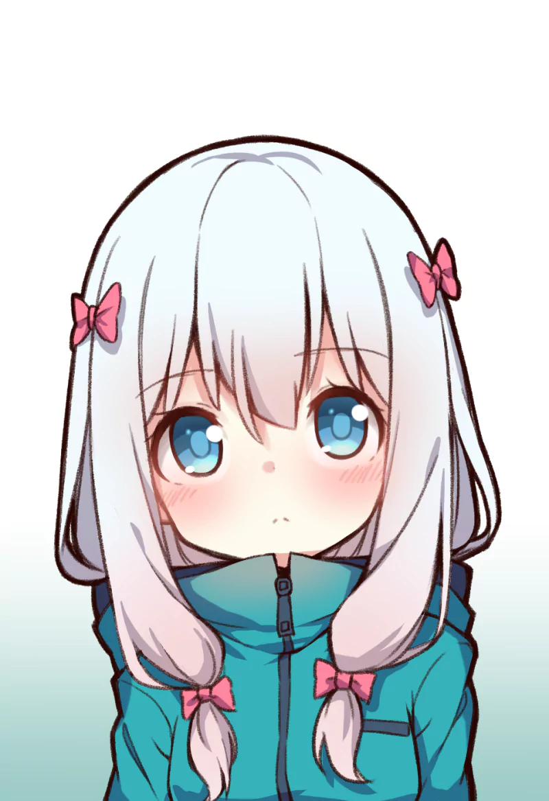 An illustration of Sagiri Izumi from the anime EroManga-Sensei, featuring her with long, light blue hair and blue eyes, wearing a teal jacket and pink hair bows.