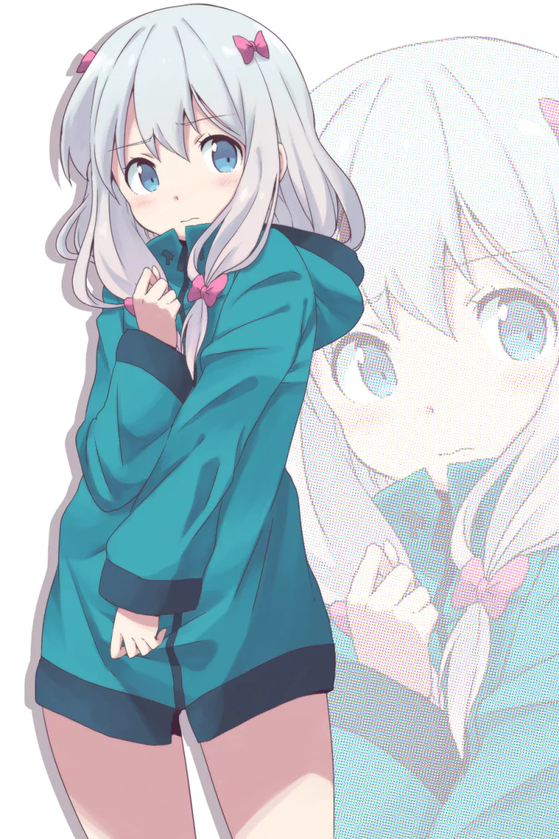 Sagiri Izumi from EroManga-Sensei stands in a teal hoodie, looking shyly at the viewer. The background features a soft illustration of her profile.