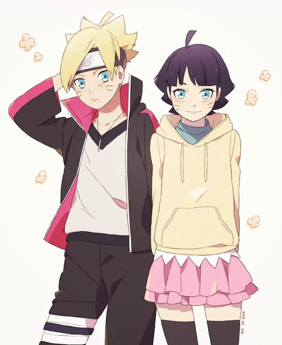 Himawari Uzumaki and Boruto Uzumaki stand together, smiling. This colorful anime illustration captures the sibling duo from the series Boruto. Their outfits reflect their unique styles.