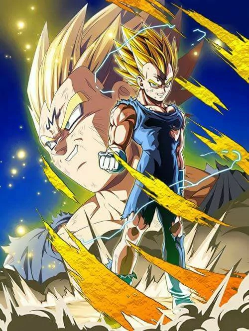 Vegeta from Dragon Ball Super stands confidently, surrounded by powerful energy bursts, in a dynamic anime illustration showcasing his fierce determination and strength.