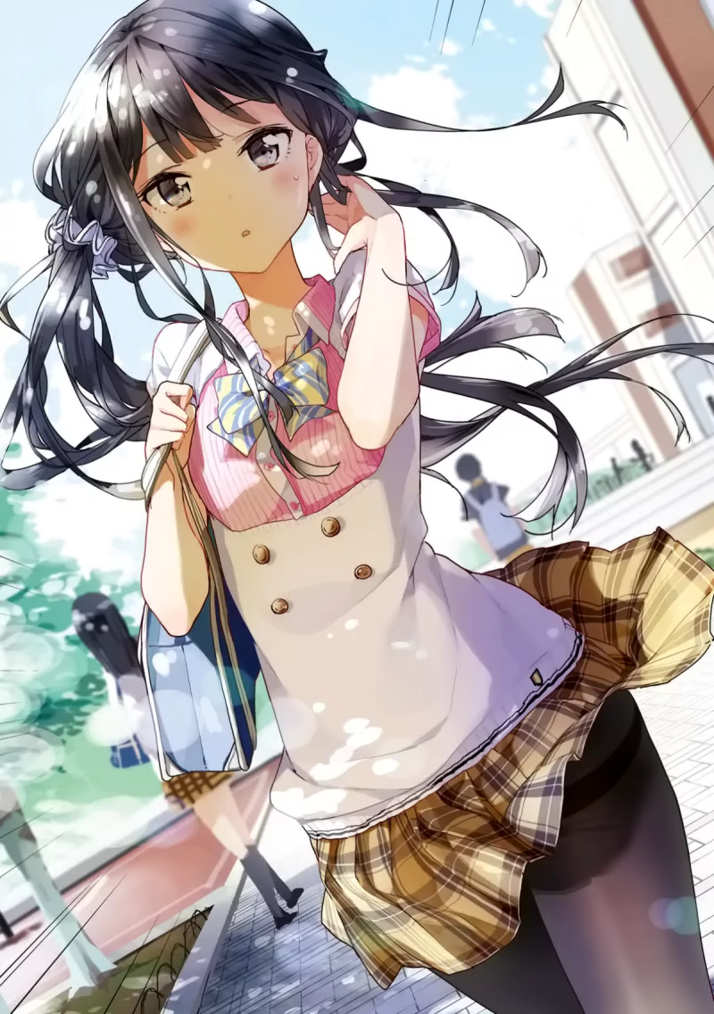 Aki Adagaki from Masamune-kun's Revenge on a sunny school walkway, dark twin-tailed hair with ribbons, plaid skirt and vest, holding a bag as the wind tousles her hair and skirt.