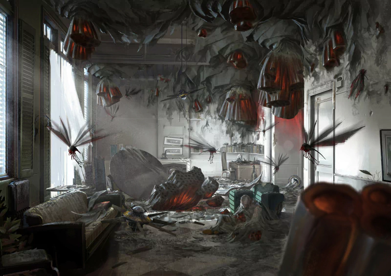 Dishonored 2 video game scene: a decayed parlor with hanging pod-like growths, swarms of winged creatures, overturned furniture and pale light through blinds.