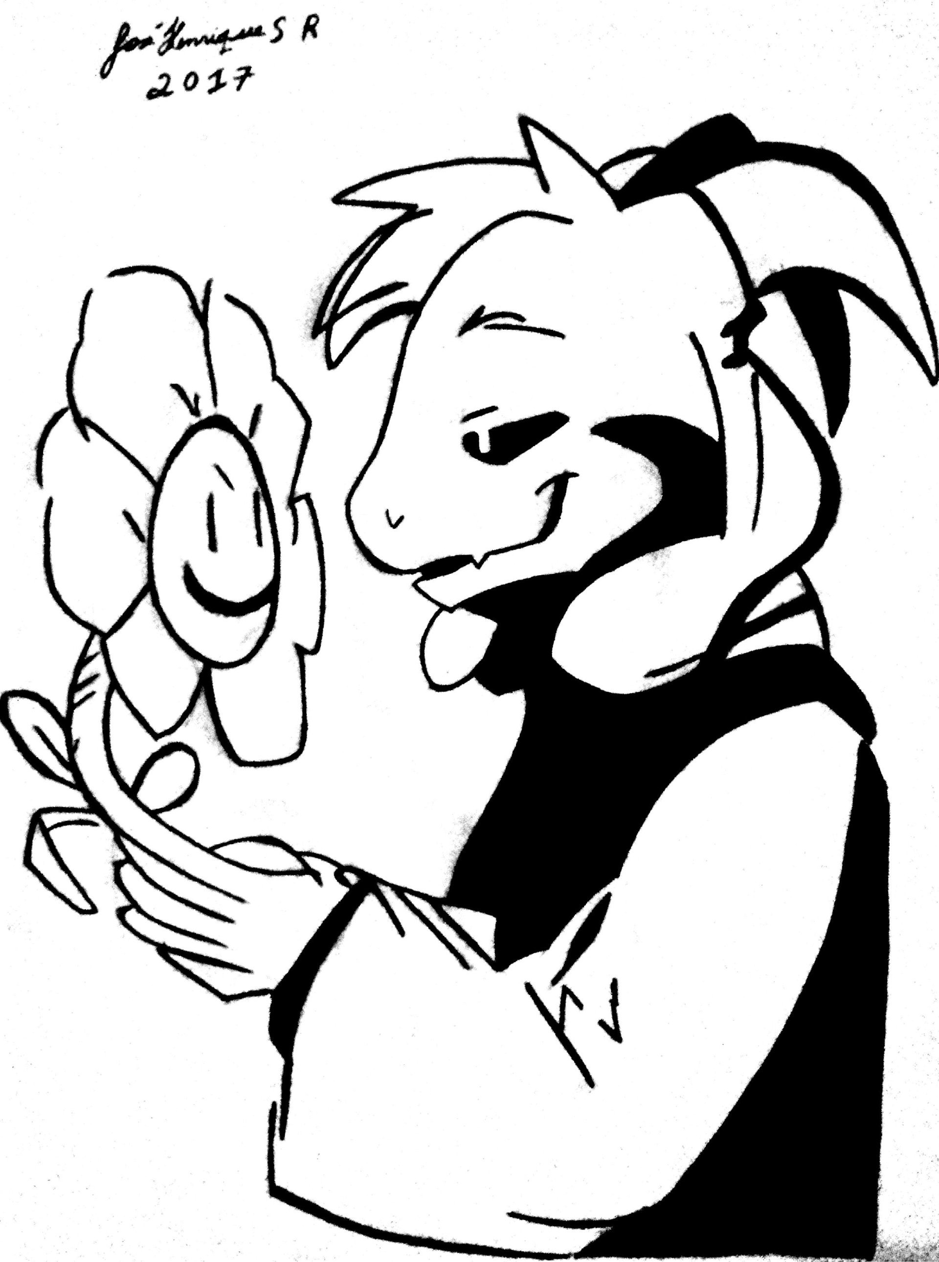 Black-and-white drawing of Asriel from the video game Undertale, smiling gently while holding a happy-faced flower.