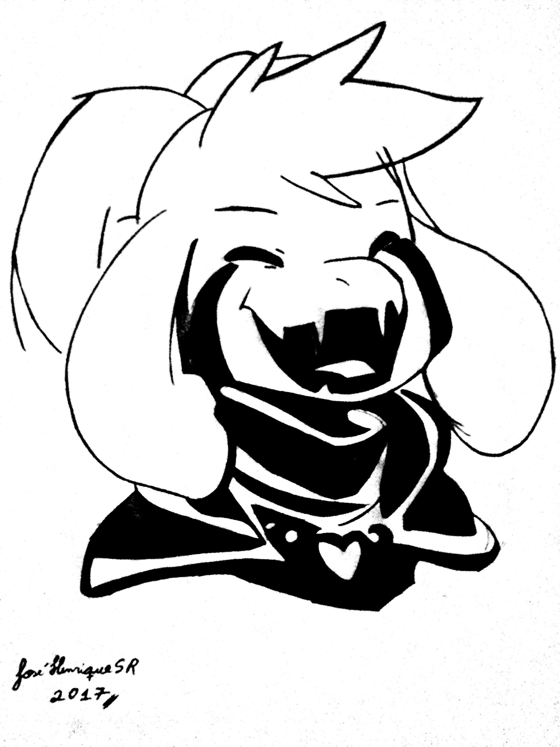 Black and white drawing of Asriel from the video game Undertale, smiling widely with closed eyes and wearing a scarf with a heart emblem.