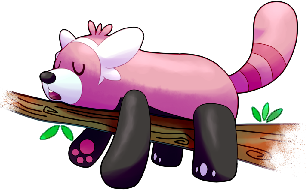 Bewear, a red panda-like Pokémon from Pokémon: Sun and Moon, is depicted sleeping on a tree branch in this cartoon-style video game artwork.