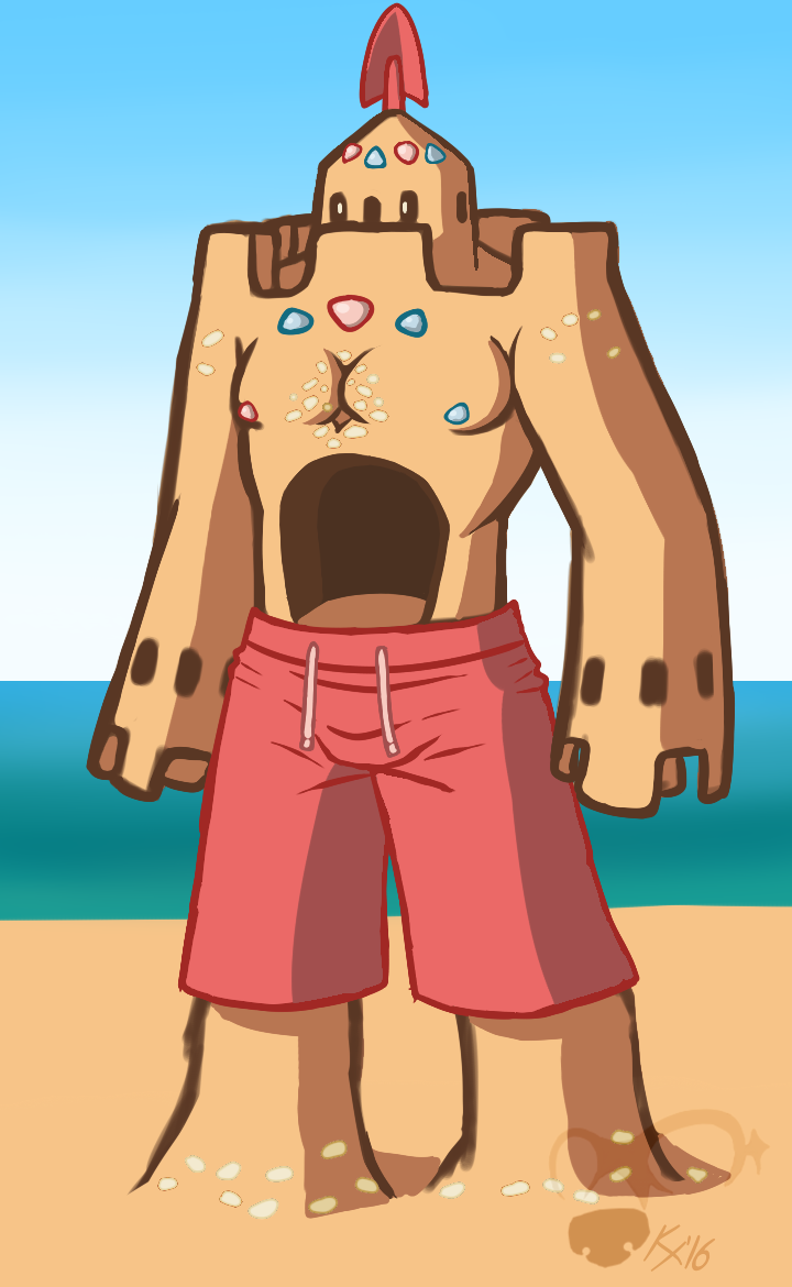 Palossand from Pokémon: Sun and Moon depicted as a sand sculpture on a beach, wearing red swim shorts against a blue sky and ocean backdrop.