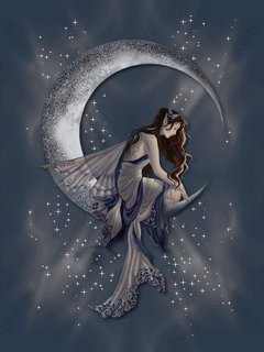 A delicate fairy in a flowing dress sits gracefully on a shimmering crescent moon, surrounded by twinkling stars in a fantasy night sky.