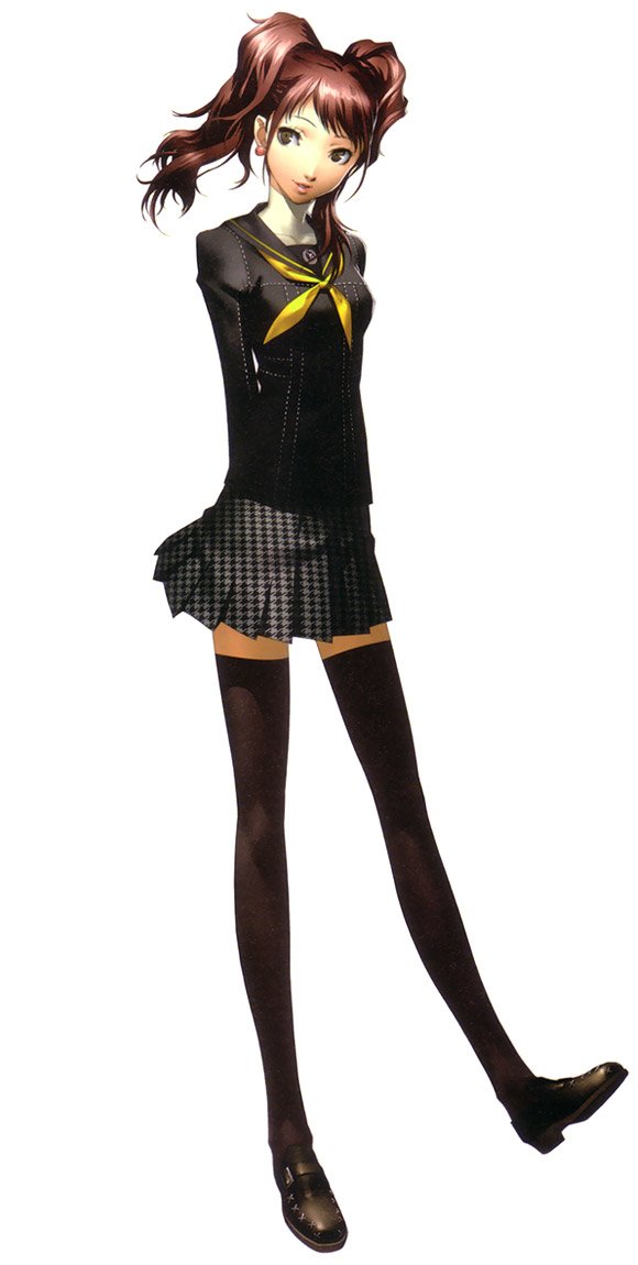 Rise Kujikawa from the video game Persona 4 stands in her school uniform with a yellow necktie and thigh-high stockings.