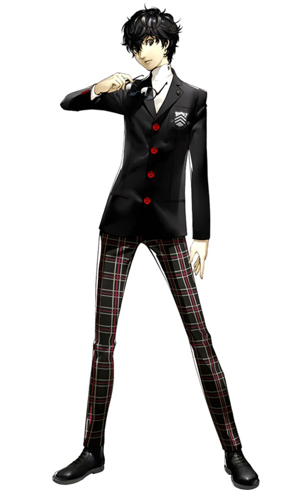 Full-body illustration of the Persona 5 video game protagonist in a black school blazer with red buttons and plaid pants, adjusting his glasses.