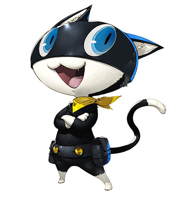 Morgana (Persona) from the video game Persona 5: a small black-and-white anthropomorphic cat in a black mask, yellow bandana and utility belt, standing with arms crossed and a confident grin.
