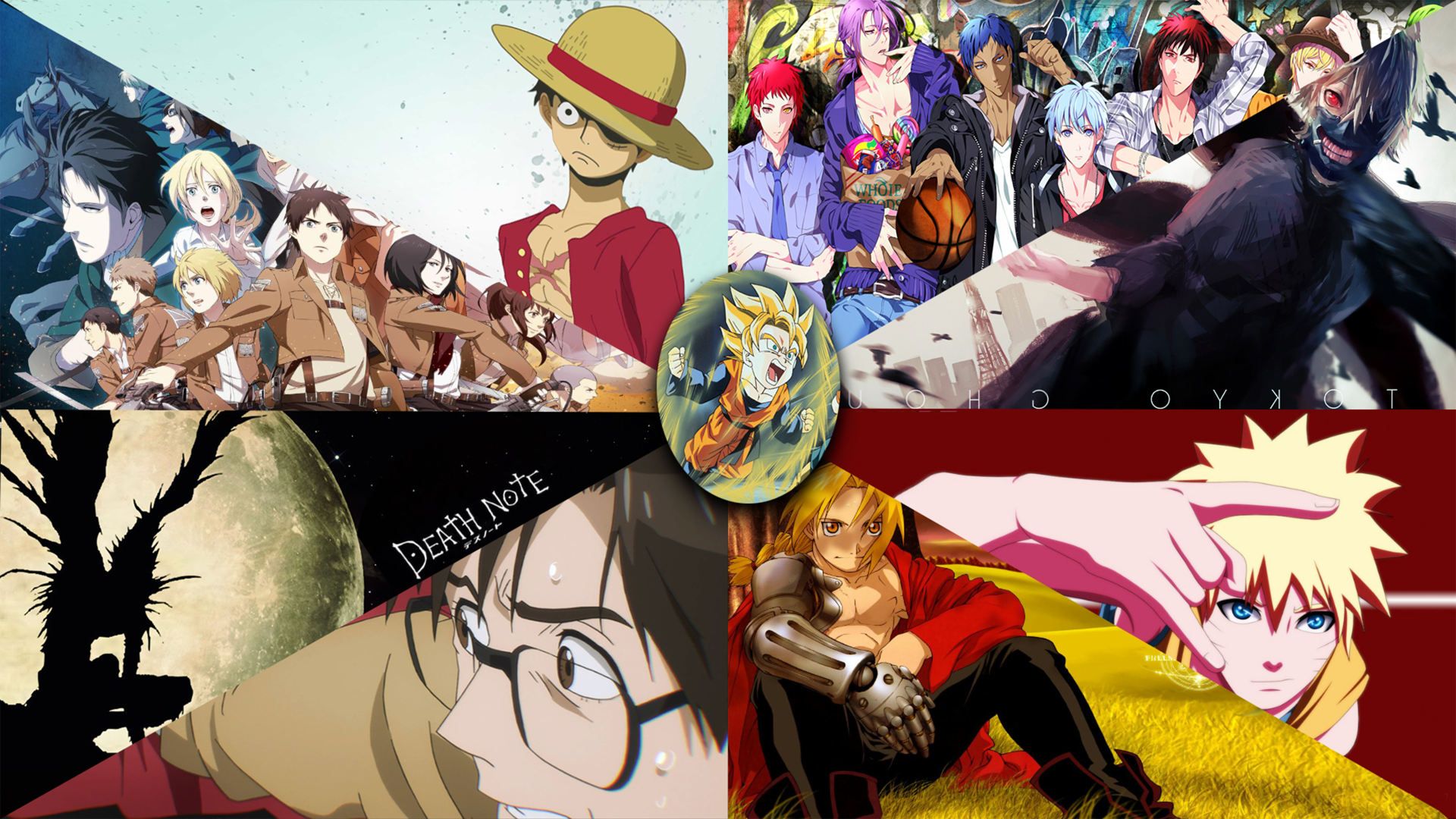 A vibrant anime crossover featuring iconic characters from various series, including a mix of adventure and fantasy elements in a dynamic, colorful collage.