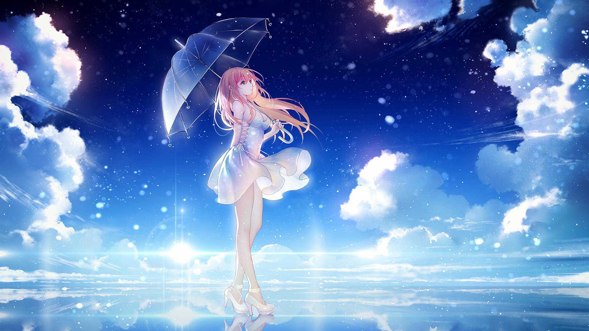 Anime girl holding a translucent umbrella stands on a mirrored sea beneath a star-filled sky and fluffy clouds, her dress and hair drifting in the breeze.