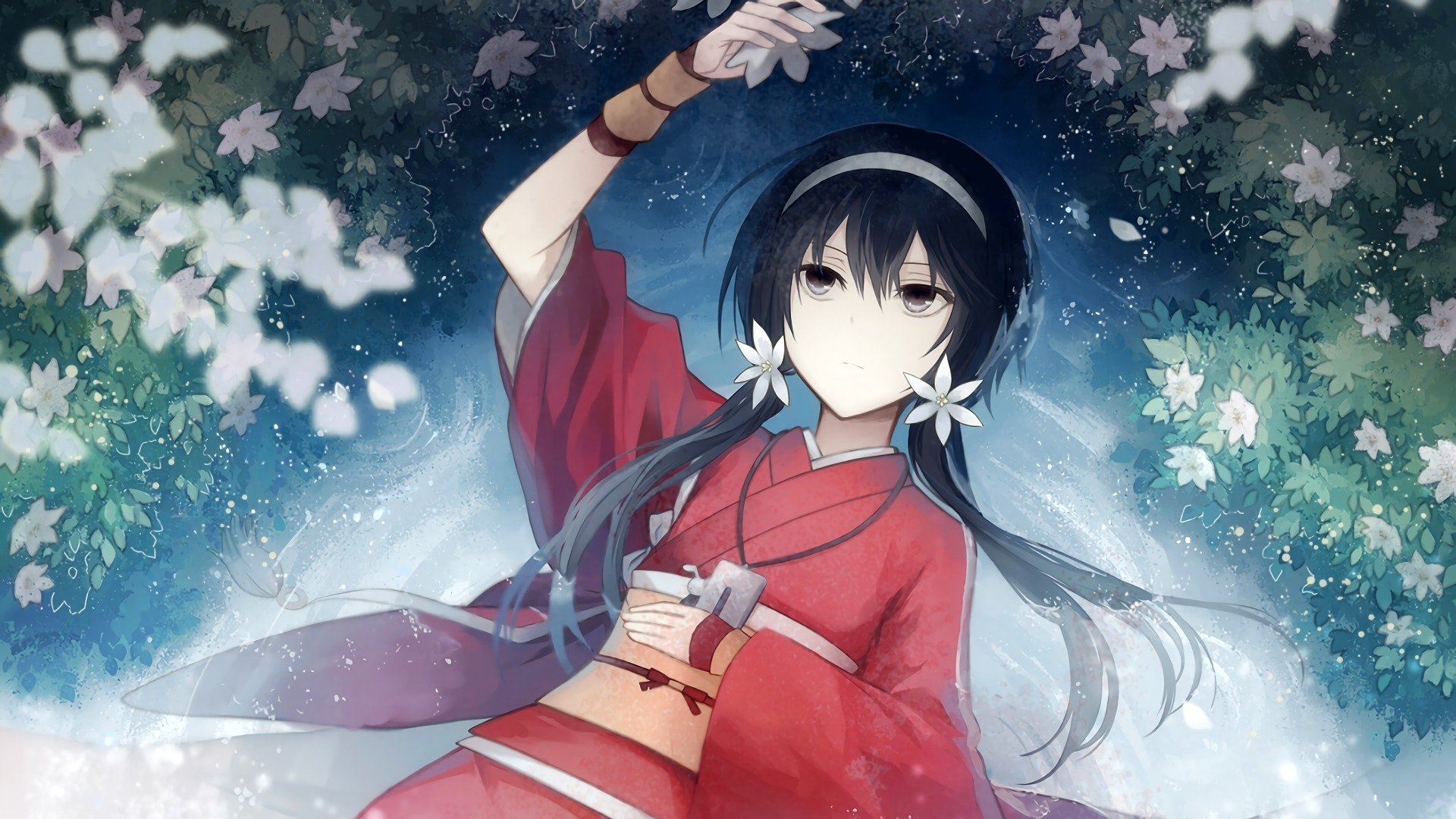 Kyōka Izumi from Bungou Stray Dogs reclines beneath falling cherry blossoms in a red kimono/yukata, dark hair with white flower pins against a moonlit, starry garden.