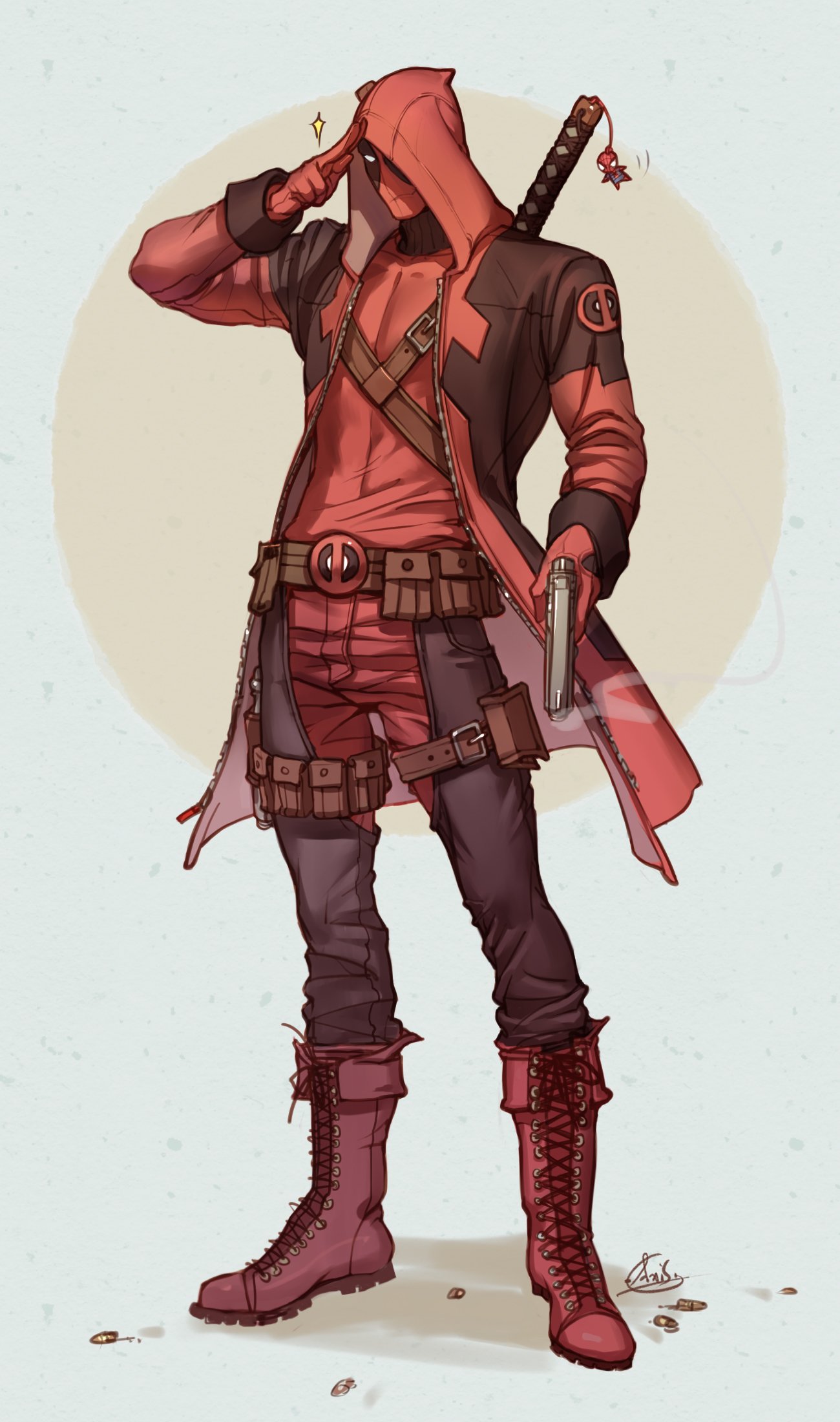 Comic-style Deadpool in a red hooded jacket and tactical gear, saluting with one hand while holding a pistol in the other, a katana strapped to his back.