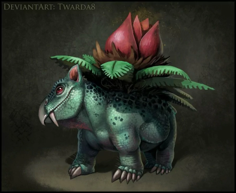 Digital art of a Pokémon video game creature: a hybrid animal—reptilian, quadruped with leafy fronds and a large pink flower growing from its back.