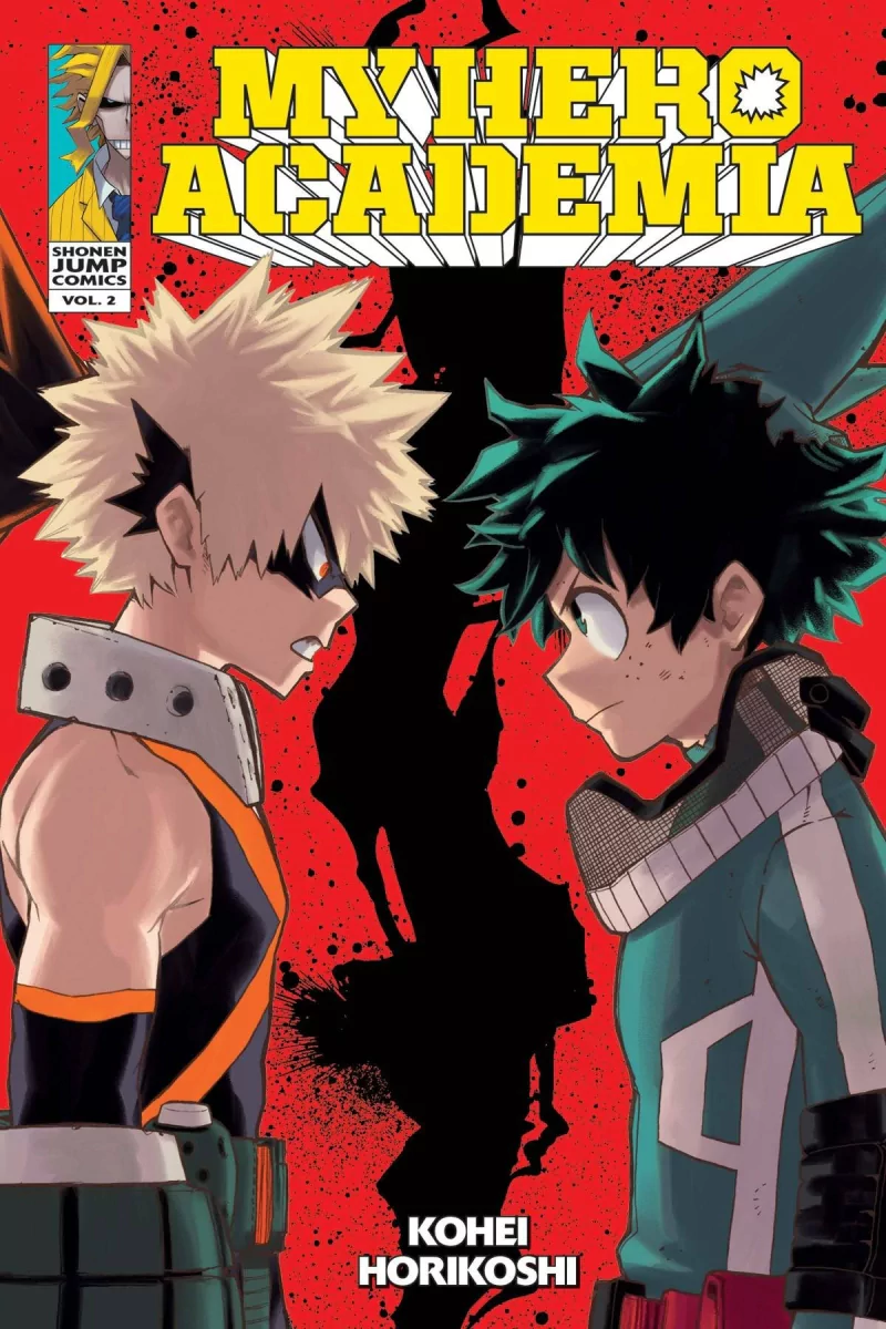 Cover art of My Hero Academia Vol. 2 featuring characters Katsuki Bakugou and Izuku Midoriya facing each other with a silhouette of All Might in the background.