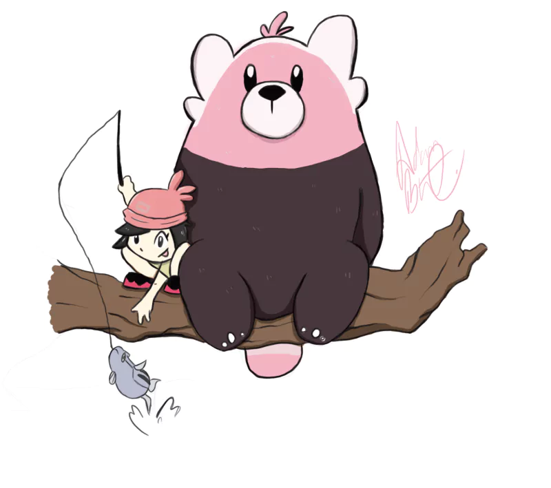 Anime-style illustration of Bewear from Pokémon: Sun and Moon sitting on a tree branch next to a fishing trainer, with a fish jumping out of the water below.