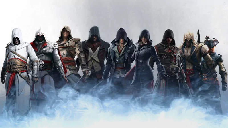 A lineup of iconic characters from the Assassin's Creed series, including figures from Unity, Syndicate, Rogue, Brotherhood, Black Flag, III, and II, shrouded in mist.