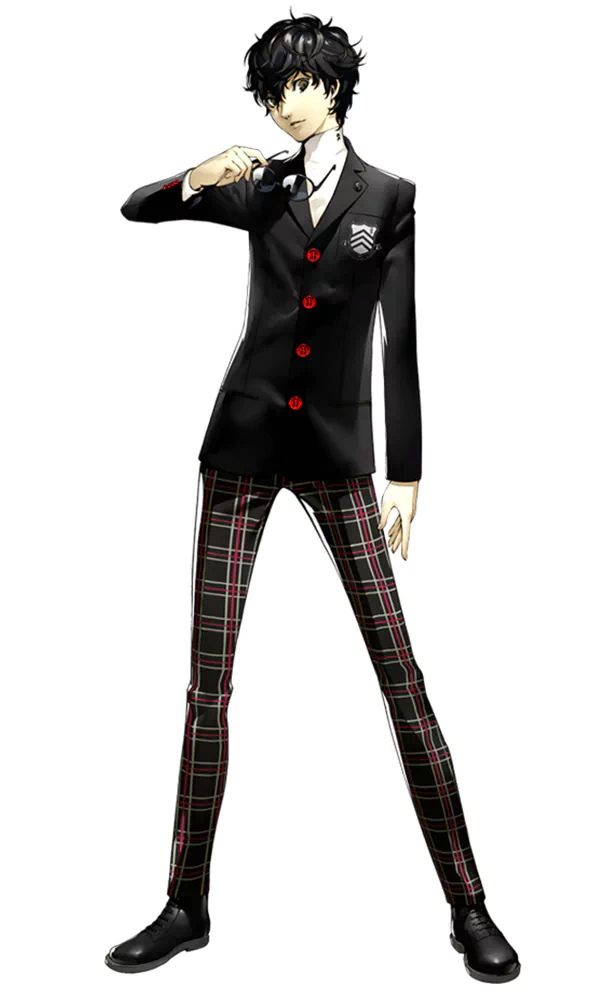 Full-body illustration of the Persona 5 video game protagonist in a black school blazer with red buttons and plaid pants, adjusting his glasses.