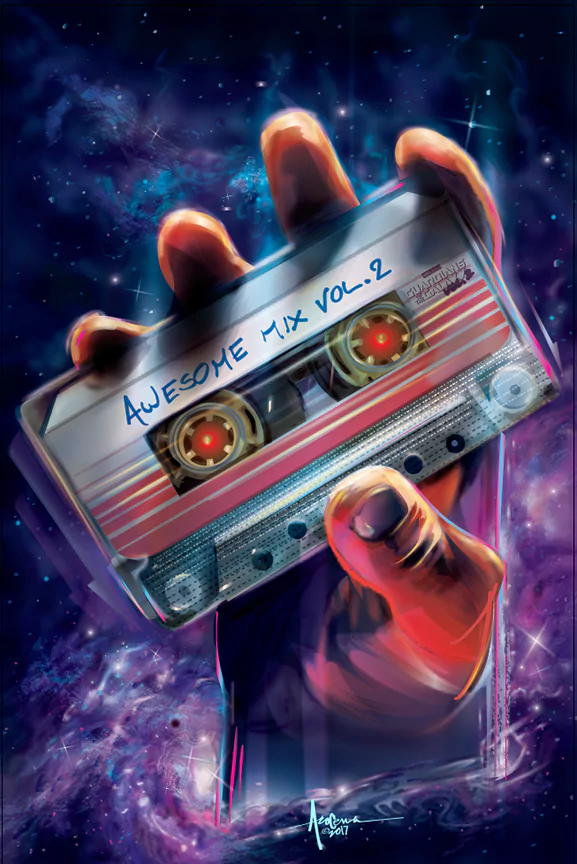 Hand holds a retro cassette labeled Awesome Mix Vol. 2 floating against a colorful cosmic backdrop — from the movie Guardians of the Galaxy Vol. 2.