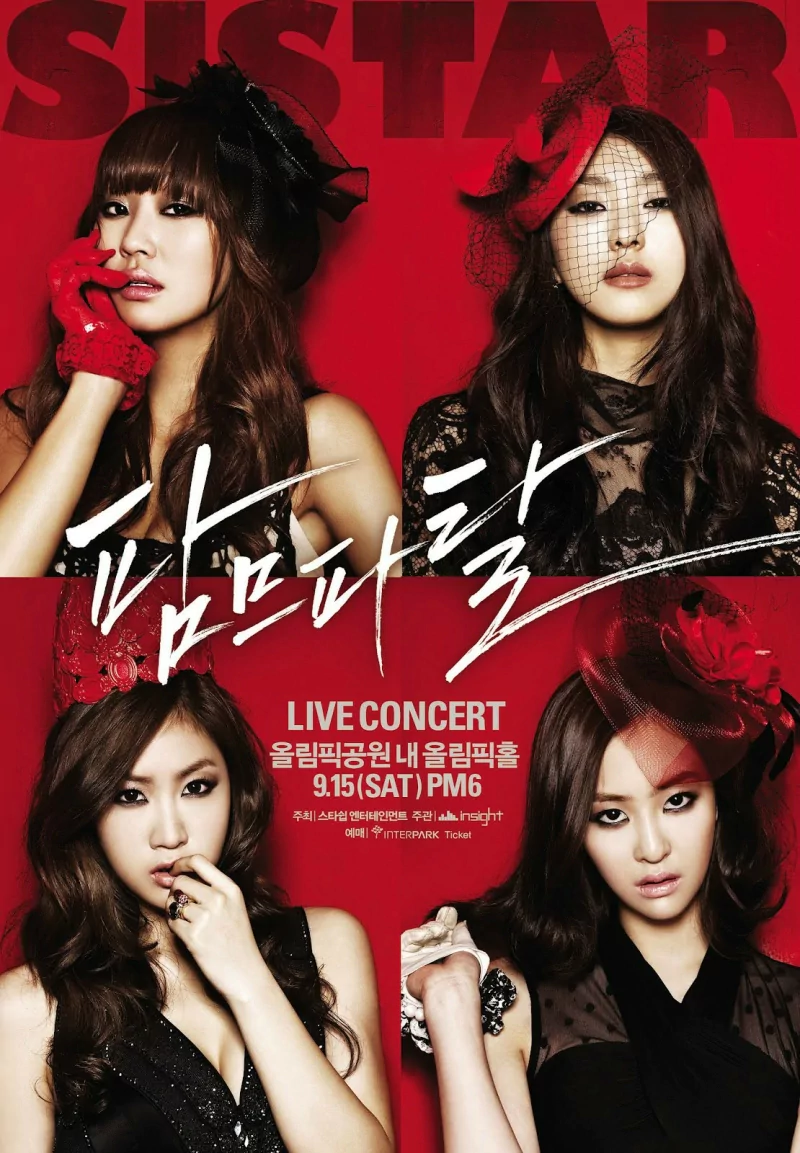Promotional image of the Asian K-pop girl group Sistar, featuring four members against a bold red background for their live concert event.