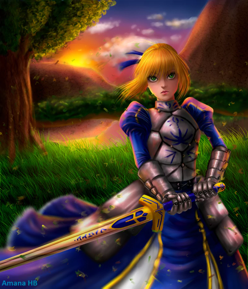 Anime-style Saber from Fate/Zero in armor wields Excalibur at sunset, standing in a vibrant forest landscape under a colorful sky, with striking green eyes and flowing blonde hair.