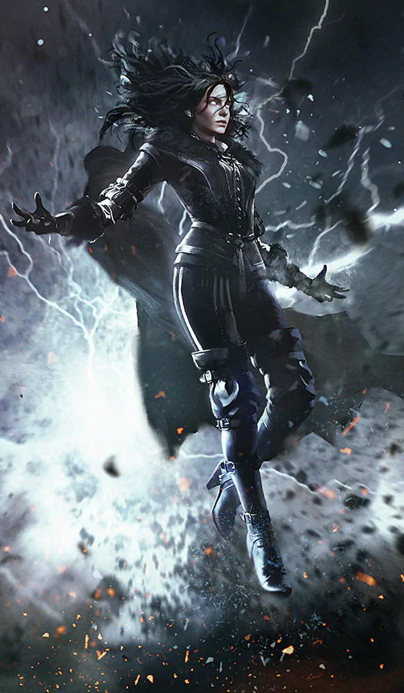 Yennefer of Vengerberg, sorceress from The Witcher, is depicted in dynamic action with magical energy swirling, as featured in the video game Gwent: The Witcher Card Game.
