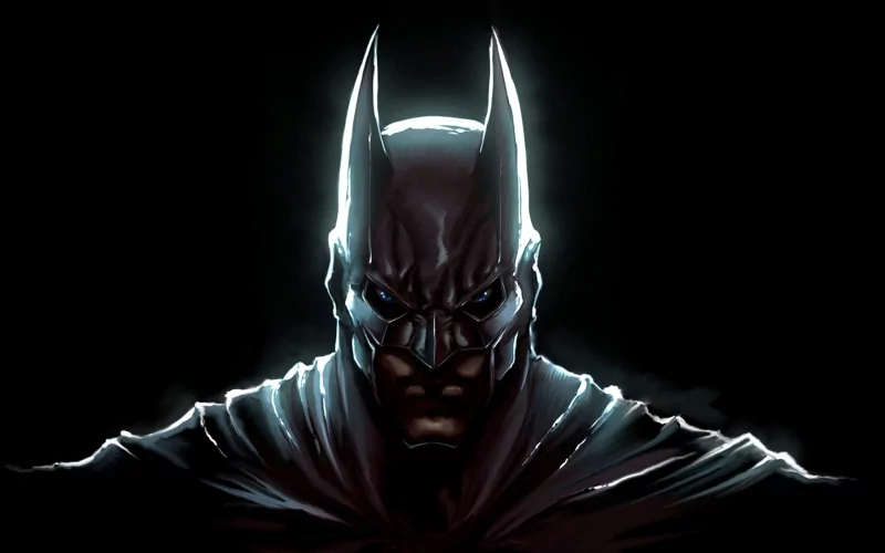 Dark, intense portrayal of Batman, the iconic dark superhero from DC Comics, set against a shadowy background.