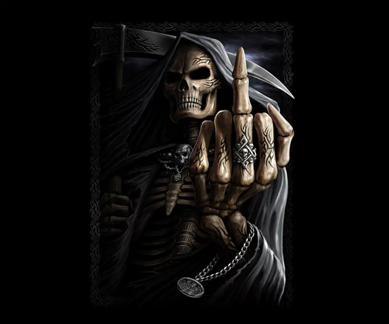 A dark depiction of the Grim Reaper, featuring a skeletal figure in a hooded cloak, holding a scythe and extending a finger in an assertive gesture.