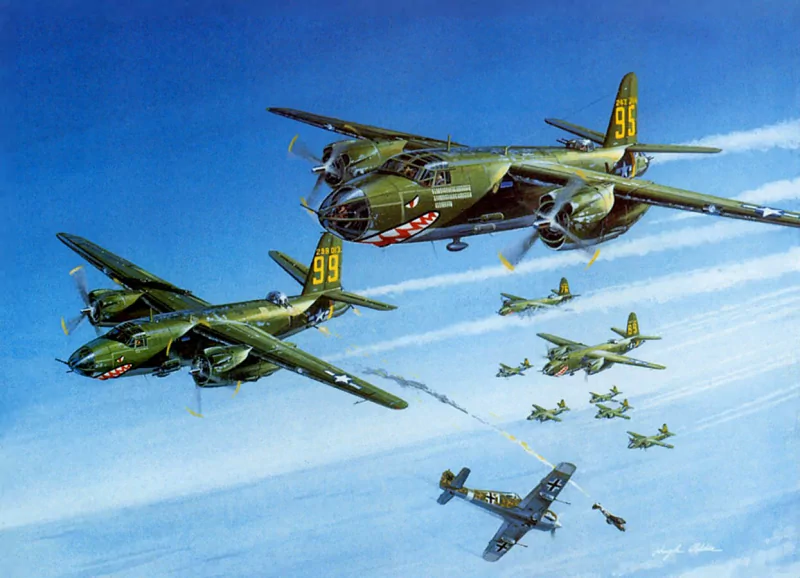 A dynamic scene featuring military aircraft in flight, showcasing a mix of bombers and fighter planes maneuvering through a blue sky with contrails.