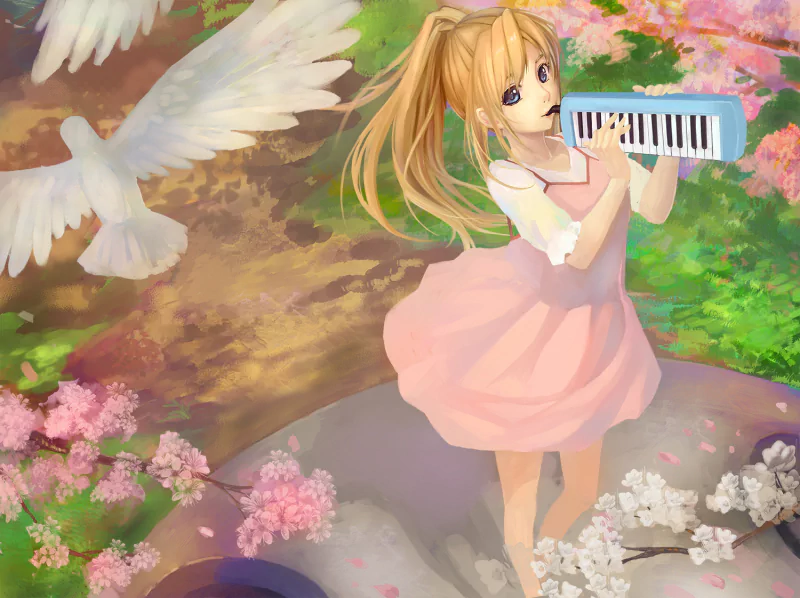 Kaori Miyazono (Your Lie in April) in a pink dress holding a melodica among cherry blossoms, with doves fluttering overhead.