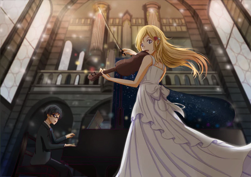 Kousei Arima accompanies Kaori Miyazono as she plays the violin passionately in an ornate concert hall, a scene from the anime Your Lie in April.